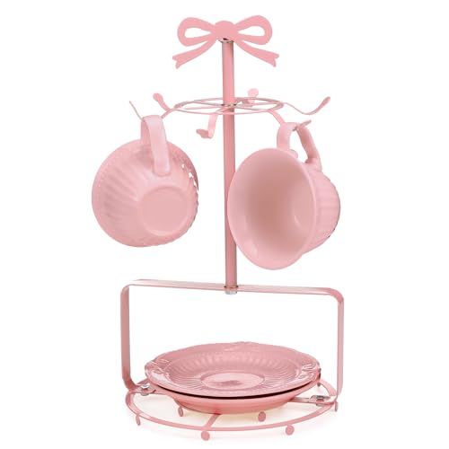 LemonRoad Pink Bow Tea Cups Holder Stand - Metal Pink Cup and Saucer Display Stand for Adorable Kitchen Decor, Cute Coffee Tea Cups Rack Storage for Dinner Parties and Coffee Bars