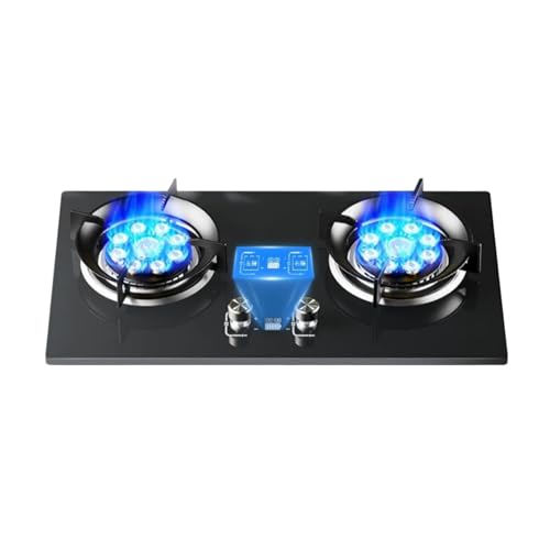 BZJPRFC Cocina De Gas De 2 Quemadores, Sartén De Alta Potencia De 5,2 KW Y 9 Cavidades, Encimera De Vidrio Templado, Temporizador Independiente De Dos Lados(NG)