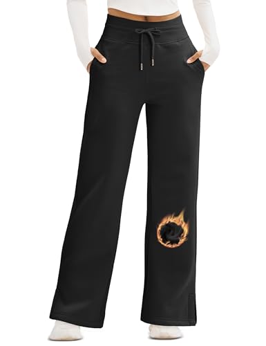 MAGCOMSEN Women's Fleece Lined Sweatpants Wide Leg Warm Winter Cotton High Waisted Lounge Straight Leg Pants Pockets