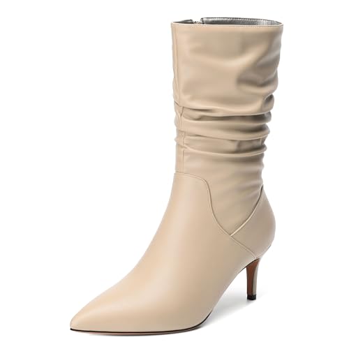 Women's High Heel Mid Calf Slouchy Boots Pointed Toe Zip Fashion Boot
