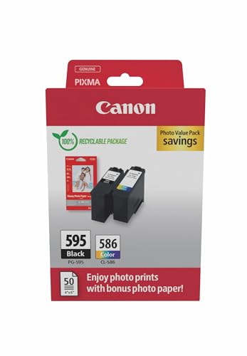 Canon PG-595 / CL-586 - Multipack d’Origine Cartouche Noire & Cartouche Couleur - Jusqu'à 180 Pages A4 + 50 Feuilles Papier Photo 4×6 (GP-501)