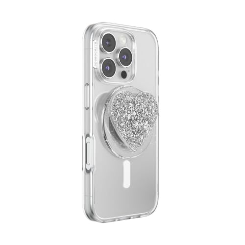 Image of PopSockets Phone Grip for MagSafe, Magnetic Holder, Phone Stand, Silver - Confetti Heart Silver Sizzle