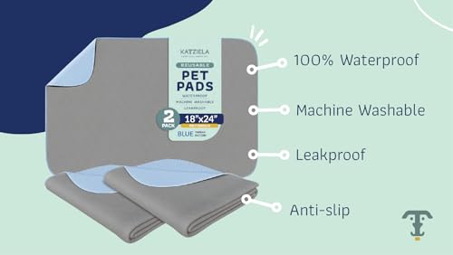 Image of Katziela Washable Pet Pads (2 Pack 18in x 24in) Super Absorbent Waterproof Reusable Dog Pee Pads for Dogs Washable Puppy Pads for Potty Training Housebreaking Washable Pee Pads for Dogs Blue Stitching