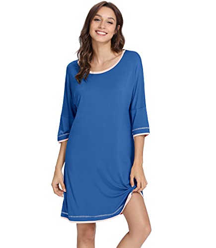 Image of NACHILA Women's Nightgown Soft Sleepwear Short 3/4 Sleeve Sleep Shirt Prussian Blue S