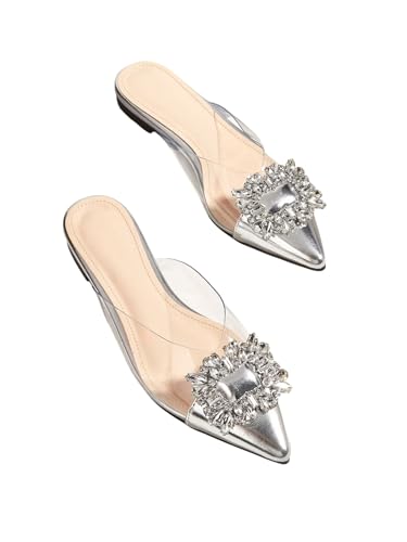 Floerns Women's Rhinestone Transparent Closed Pointed Toe Backless Mules Flat