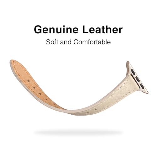 Image of STIROLL Slim Leather Bands Compatible with Apple Watch Band 38mm 40mm 41mm 42mm(Series 11 10), Top Grain Leather Watch Thin Wristband for iWatch SE 9 8 7 6 5 4 3 2 1 (Beige Starlight)