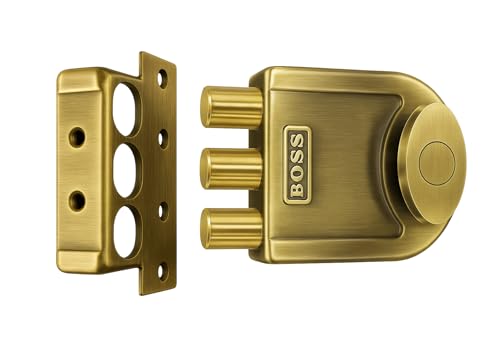 Image of B BOSS Three Dead Bolt Rim Lock with 4 High Security 14 Pin Ultra Keys Universal for Left /Right Handed Inside Opening Office or Home Main Door 15 Years Manufactuing Warranty (Antique Brass)