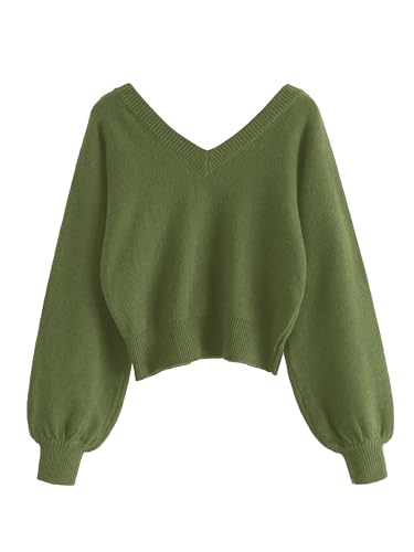 Image of ZAFUL Women's Cropped Sweater V-Neck Long Sleeve Pullover Jumper Knit Top | Crop Length, Ribbed Knit, Double V design, White sweater, Raglan sleeves, lantern sleeve, Fall & Winter, Loose fit, Oversized