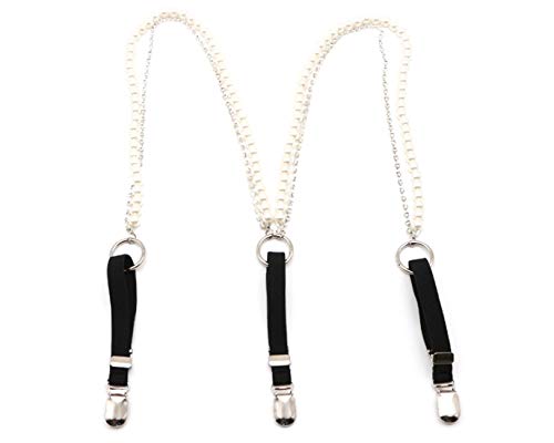 Women Blingbling Rhinestone Pearl Faux Leather Fashion Suspender Belts Costumes Waist Belt (Black, One size)