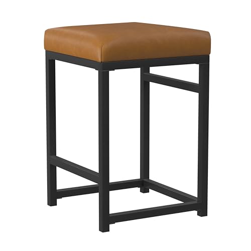 Image of HomePop Metal Frame Counter Stool, 24-Inch, Carmel Faux Leather