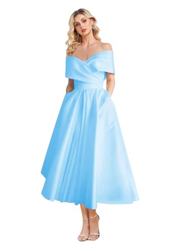 Image of Women's Off Shoulder Wedding Dress for Bride Tea Length A Line Satin Formal Prom Dresses with Pockets