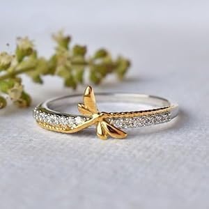 Purvika Jewels 1.10Ct Round Cut Lab Created Diamond Half Eternity Dragonfly Engagement Ring, 14K Two Tone Gold, Sterling Silver