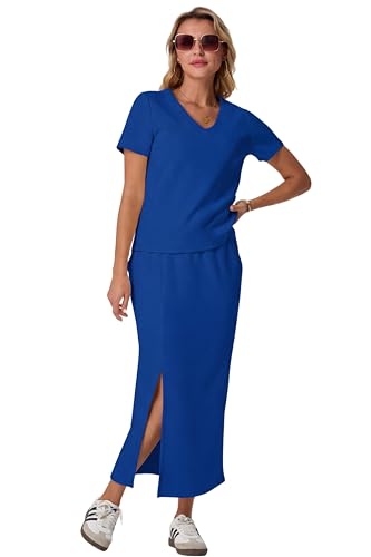 Image of GRECERELLE Women Summer Casual 2 Piece Sets V-Neck Wrinkle-Free Top & Elastic Waist Midi Side Slit Skirt with Pockets