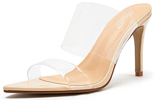 Katliu Women s Clear Pointed Toe Heels Sandals Transparent Strap Stiletto High Heels Slip on Mules Heeled Sandals Nude