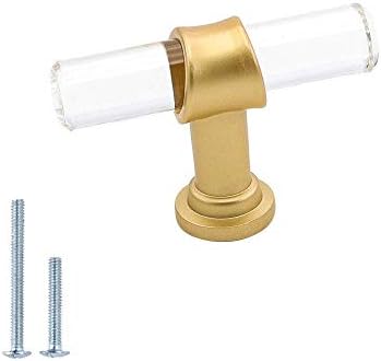 goldenwarm Pack of 25 Bar Knobs Brushed Brass Drawer Knobs - LS9165GD Clear Acrylic T Bar Knobs Gold Knobs for Cabinets Acrylic Cabinet Hardware Decorative Knobs, Zinc Alloy Base