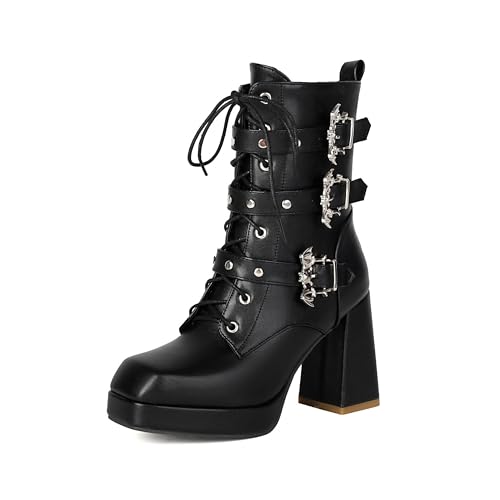 Image of FOREADA Goth Boots Chunky Heel Boot For Women Ankle Combat Booties Black Platform Bootie Buckle Rivets Punk Goth Shoes With Zipper