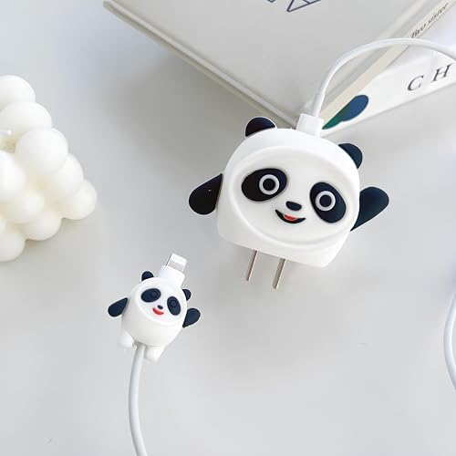 Image of skysia Charger & Cable Protector for iPhone (18W-20W) - 3D Cute White Panda Design, Full Protection Cover, Data Line Wire Saver, 4-in-1 Silicone Set (Multicolored, Pack of 1)
