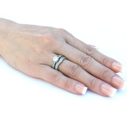 6x6mm Brilliant Cut CZ Tarnish Free Stainless Steel Wedding RINGS SET2