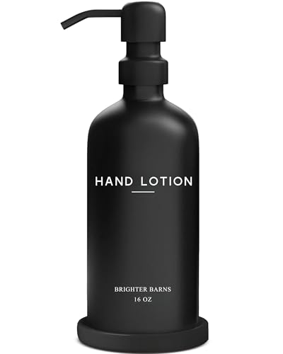 Black Glass Lotion Dispenser with Pump by Brighter Barns - Hand Lotion Dispenser Bathroom Set & Tray - Modern Bathroom Decor in Airbnb Apartment Rental Properties Guest House Hotel Lobby (Black)