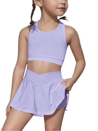 Image of SOLY HUX Toddler Girl's 2 Piece Workout Outfits Lightweight Crop Tank Tops and Skort Athletic Set Plain Purple 6Y