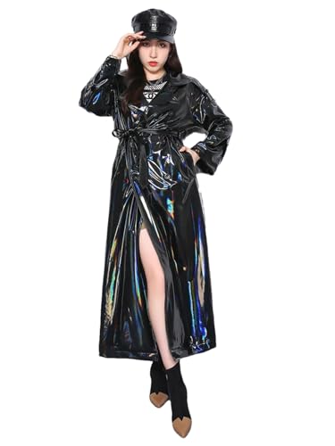 Women European Extra Long Black Shiny Reflective Stretchy Soft PVC Leather Trench Coat