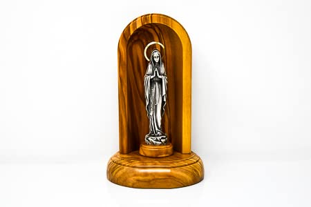 Statuette en bois d'olivier Notre-Dame de Lourdes avec lumière artisanale