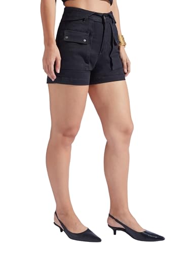 Miss Chase Women's High-Rise Flared Stretch Denim Shorts with Quilted Waist & Statement Pockets (MCAW25DEN62-71-AAE-28, Sapote Black, 28)