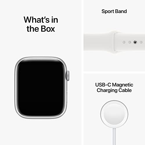 Image of Apple Watch Series 8 [GPS 45 mm] Smart Watch w /Silver Aluminium Case with White Sport Band. Fitness Tracker, Blood Oxygen & ECG Apps, Always-On Retina Display, Water Resistant