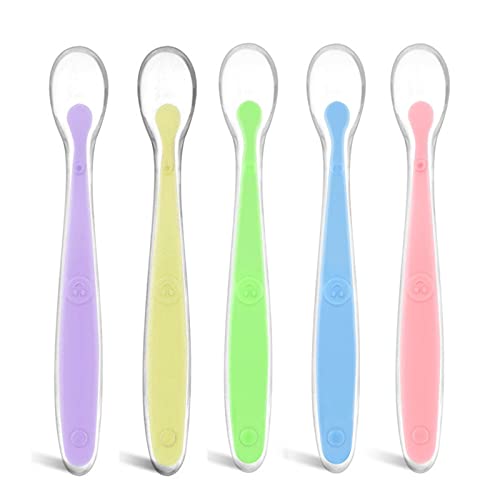 Rnitle Cuchara Bebe,5PCS Cucharas De Silicona para Bebés,Cuchara De Alimentación Para Bebés Suave y Curva,para Alentar Su Bebé Comer