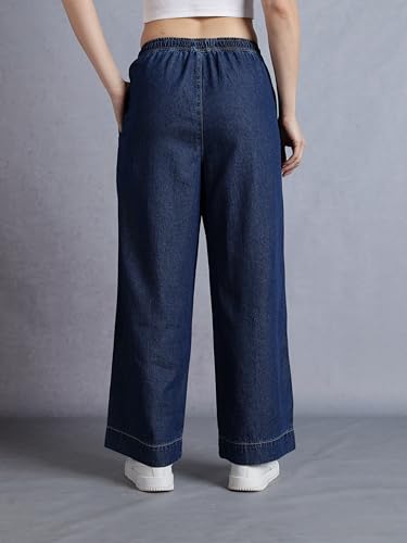 Image of INKD Women's Wide Leg Jeans- 100% Cotton | Mid-Rise | Elasticated Waistband | Pintuck Details | Comfort Fit | Palazzo Pants for Women | Lightweight Denim for Summers (Available in Plus Sizes)