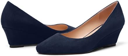 SHOWFOREST Women's 2 Inch Low Heel Casual Square Toe Slip On Solid Outdoor Suede Wedge Pumps Shoes Navy Blue Size 7.5 - Tacon Alto de Mujer | Image 5