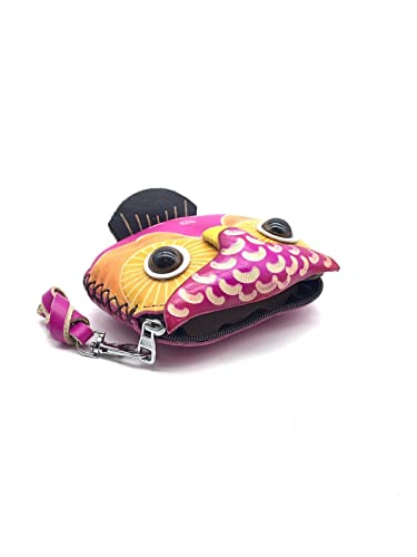 Handmade Vintage Genuine Leather 3D Animal Owl Coin Purse with Removable wrist strap #001 (Pink)3