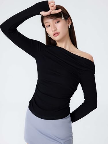 CIDER Women's Asymmetrical Top Off The Shoulder Long Sleeve Shirts Ruched Going Out Crop Tops2