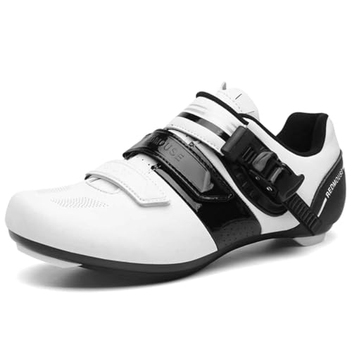 omcam Zapatillas De Ciclismo para Hombres Y Mujeres, Zapatillas Carretera Interior con Calas Delta, Ligeras Cómodas,Blanca,46 EU