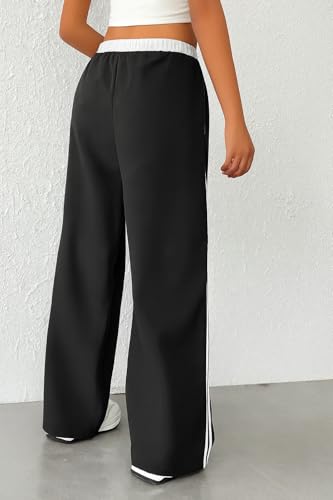 Image of SAKHWALA Women Track Pant | Women's Wide Leg Track Pants High Waist Drawstring Sweatpants with Side Stripes, Casual Loose Fit Lounge Joggers, White
