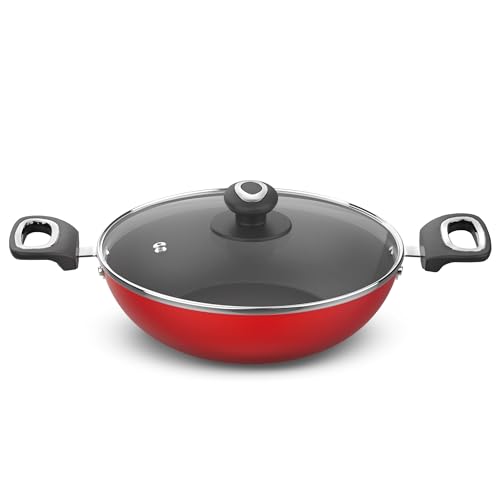 Image of Preethi Dura Collection Non Stick Kadai, 24 cm, with Glass Lid, Gas & Induction Compatible, 5 Star Non Stick Effect, Chilly Red