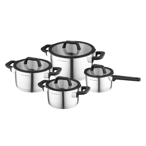 FLORINA CHEF Set de 8 Piezas de Ollas de Acero Inoxidable I Ollas con Tapa Multifunción I Vaso Medidor I Fondo de 5 Capas I Apto para Lavavajillas I Inducción, Gas y Eléctrica