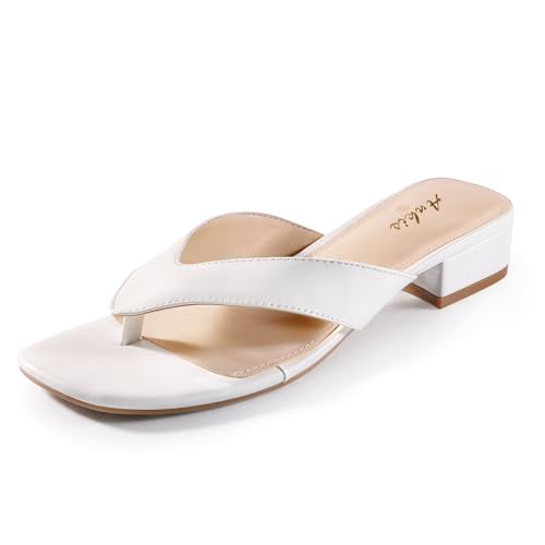 Ankis Black White Heels for Women Square Open Toe Sandals Flip Flop Thong Low Heels 1 Inch Heeled Sandals for Women