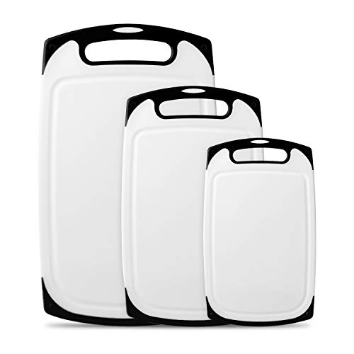 Cutting Boards for Kitchen, Plastic Chopping Board Set of 3 with Non-Slip Feet and Deep Drip Juice Groove, Easy Grip Handle, BPA Free, Non-porous, Dishwasher Safe