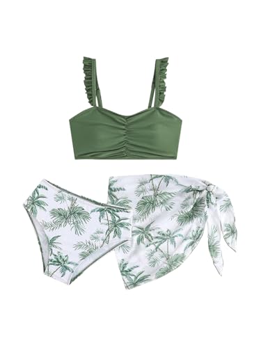SweatyRocks Girl's 3 Piece Swimsuit Tropical Print Ruched Bathing Suit with Sarong Wraps