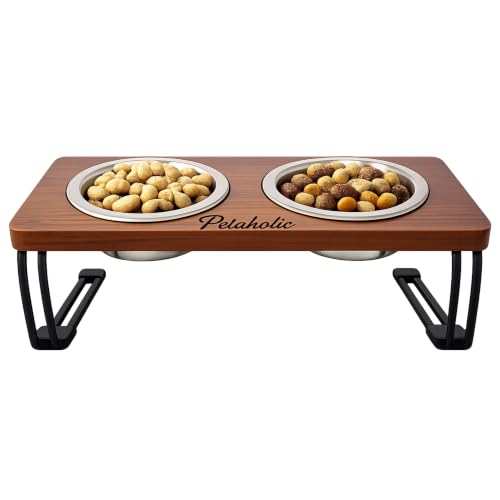 Image of Foodie Puppies Elevated Rosewood 2-in-1 Dog & Cat Feeder with Dual Stainless Steel Bowls (250ml Each) | Raised Wooden Feeding Stand | Anti-Slip Metal Legs | Food & Water Bowl