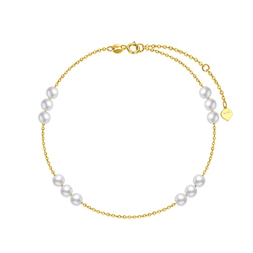 14K Solid Gold Pearl Bracelet for Women, Dainty Gold Pearl Beads Bracelet Jewelry Anniversary Present for Her, Mom, Wife, 6.5inch-8.1Inch