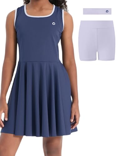 PATPAT Girls Tennis Dress Set, Athletic Dress with Headband & Bamboo Viscose Shorts with Pocket, Outfit for Golf Dance School