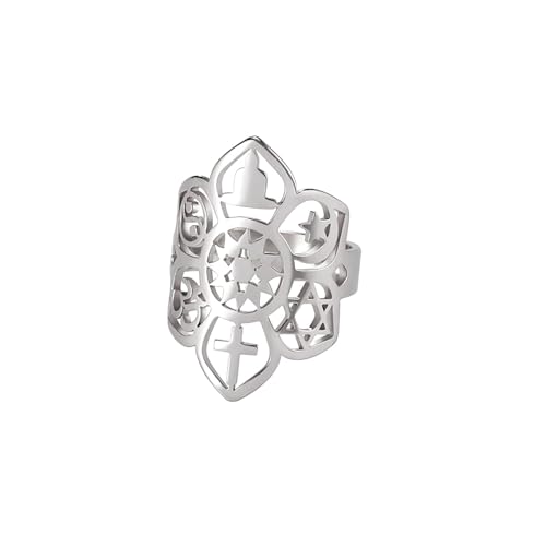 VASSAGO Justerbar lotusblomma ring samexist om kors islam stjärna måne stjärna david yin yang yoga ring för kvinnor religiösa smycken gåva,...