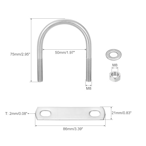 Image of uxcell Round U-Bolts, 8 Sets 50mm(1.97 inch) Inner Width 75mm Length M8 304 Stainless Steel U Clamp Bolt with Nuts and Plates, for Boat Trailer