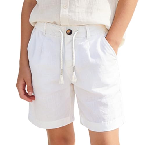 BOOPH Boys Shorts Basic Pull on Chino Shorts School Uniform Clothes for Kids Boy Golf Basketball White 9-10Y