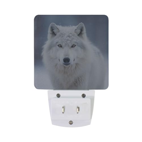 Image of Grey White Wolf Night Lights 2 Pack Plug-in Wall Led Nightlight Auto Dusk-to-Dawn Sensor Lamps for Bedroom Kitchen Bathroom