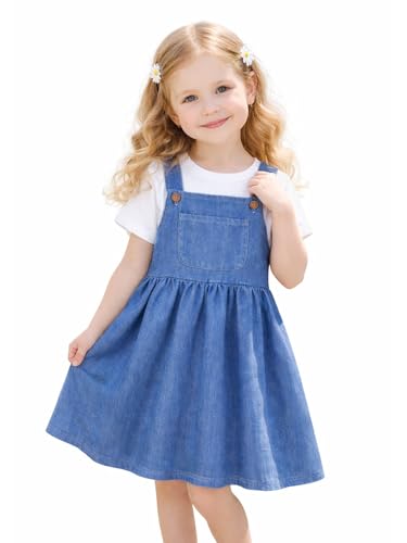 HILEELANG Girls Dress Set 2 Piece Denim Pinafore Suspender Dress Outfit with Cotton T Shirt Casual Play Dress 2T-8T