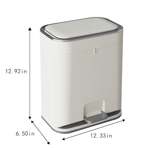 Image of Bathroom Trash Can with Lid, Plastic 3 Gallon Garbage can with Press top Lid, Gold Step Pedal Trash can, Narrow White Trash bin for Kitchen, Bathroom, Bedroom, Living Room, Office, Dog Proof Trash Can
