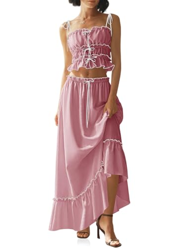 Wenrine Women's Summer 2 Piece Skirt Sets Casual Spaghetti Straps Cropped Cami Ruffle Maxi Skirt Flowy Beach Outfit